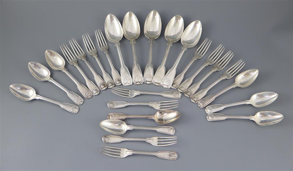 PAUL STORR- A set of six George III silver double struck, fiddle, thread and shell pattern dessert spoons, 6 tablespoons and 12 forks.
